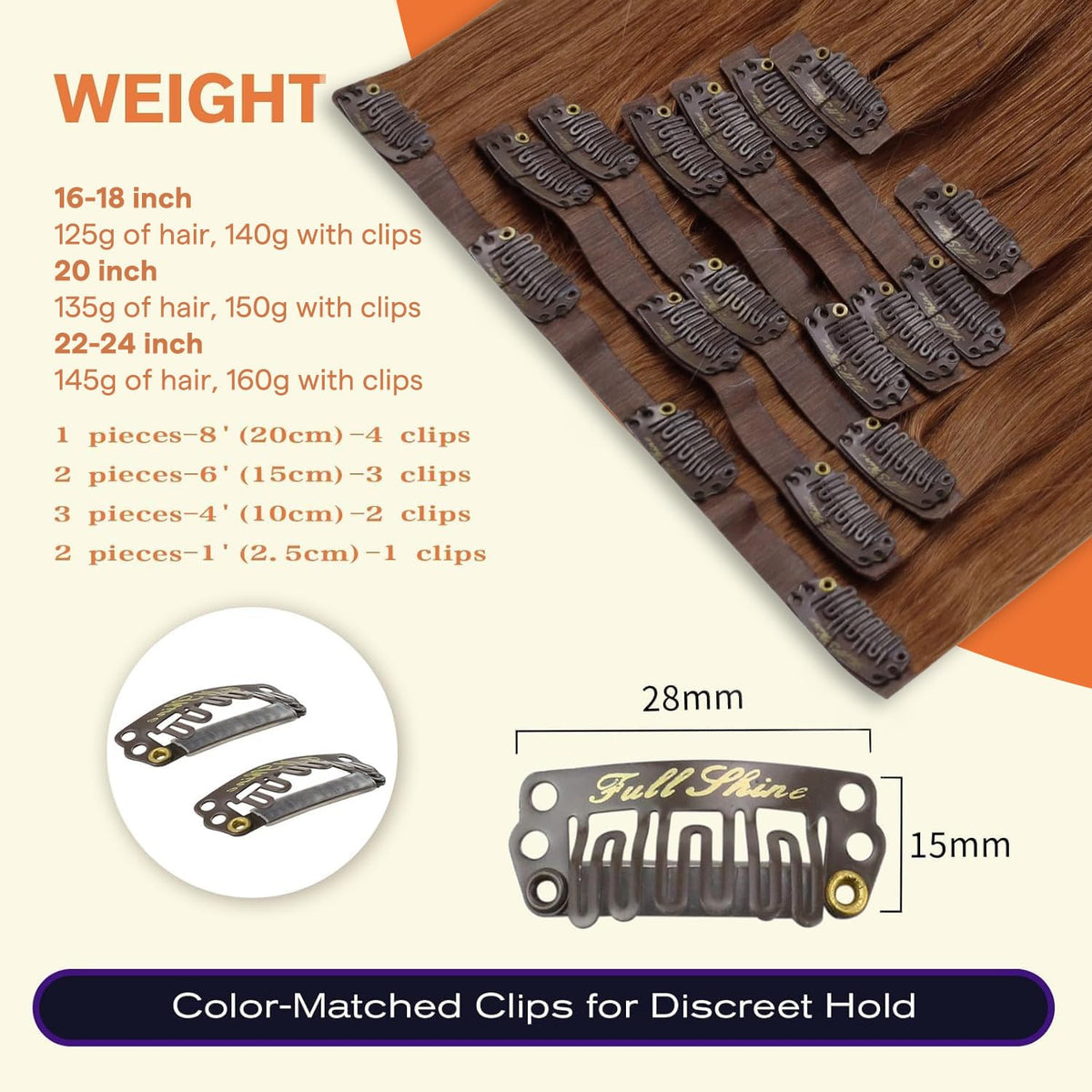 Full Shine Clip-in Hair Extensions Copper in packaging