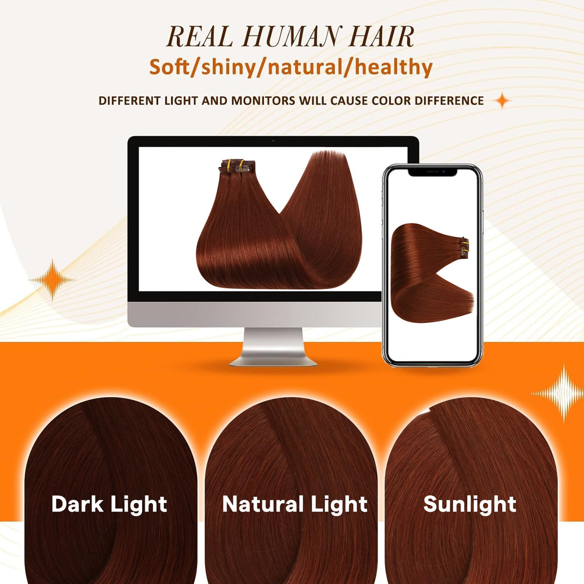 Full Shine Clip In Hair Extensions Copper Mahogany on a model