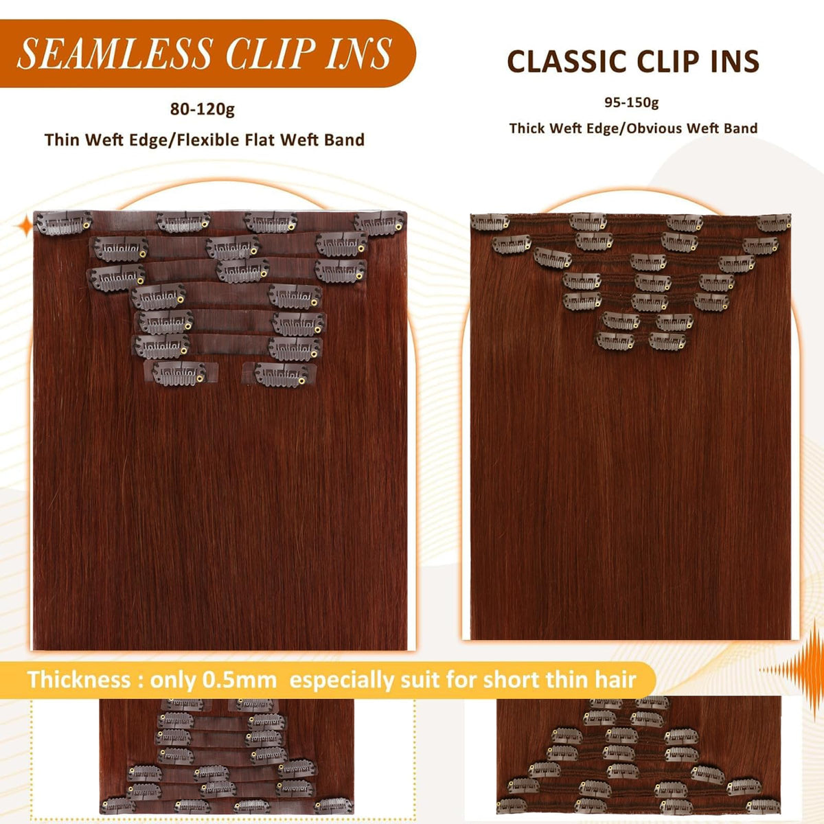 Full Shine Clip-In Hair Extensions Copper Mahogany Red on a model