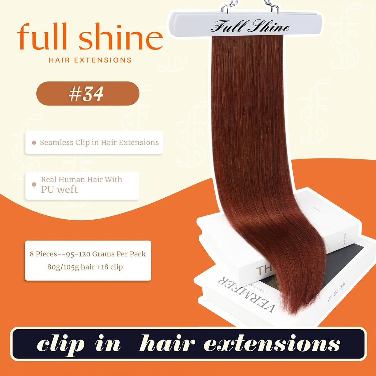 Full Shine Clip-In Hair Extensions Copper Mahogany Red side view