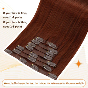 Full Shine Clip-In Hair Extensions Copper Mahogany Red with clips visible