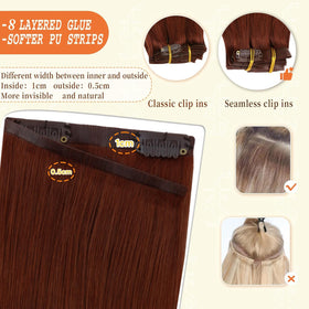 Full Shine Clip In Hair Extensions Copper Mahogany styled in waves
