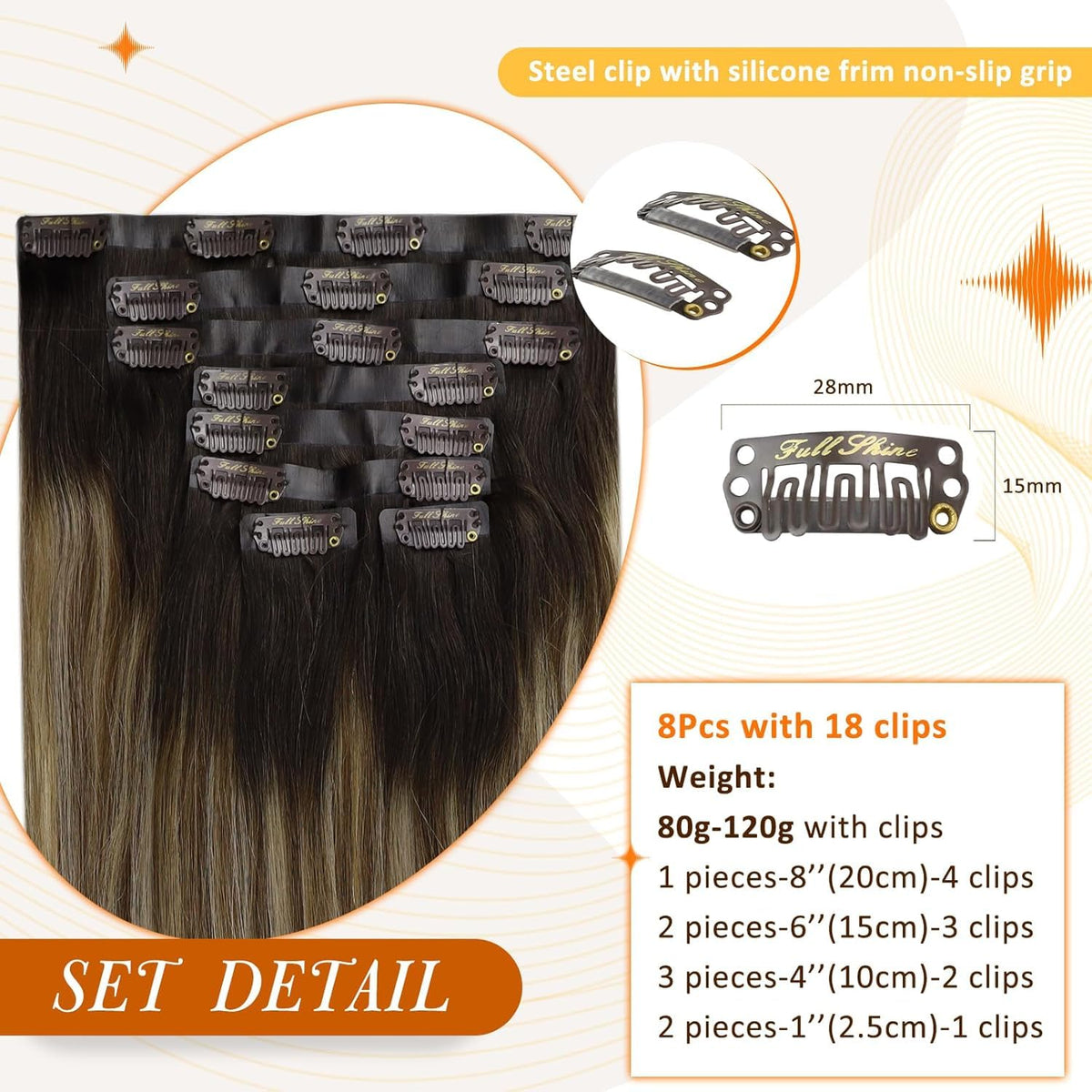 Full Shine clip-in hair extensions displayed in packaging