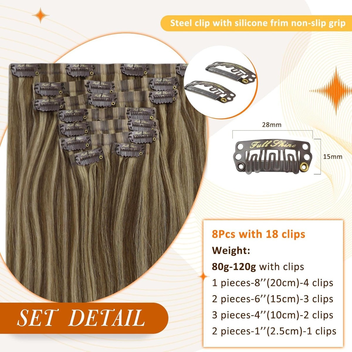 Full Shine Clip in Hair Extensions displayed with packaging