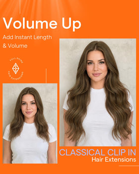 Full Shine Clip in Hair Extensions displayed with styling tools