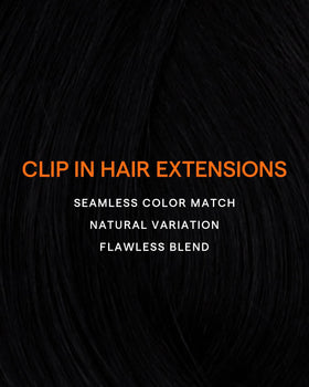 Full Shine Clip in Hair Extensions Jet Black displayed on a table