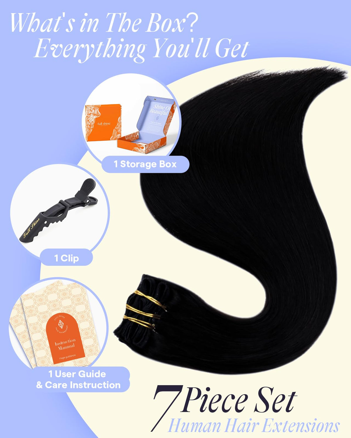 Full Shine Clip in Hair Extensions jet black with styling tools