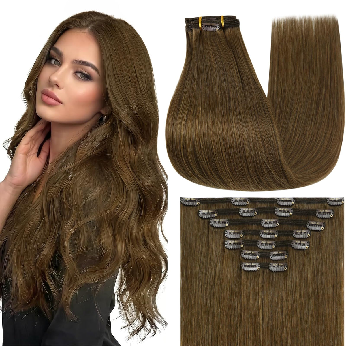 Full Shine Clip in Hair Extensions Light Brown front view