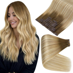 Full Shine Clip in Hair Extensions Light Brown Honey Blonde front view