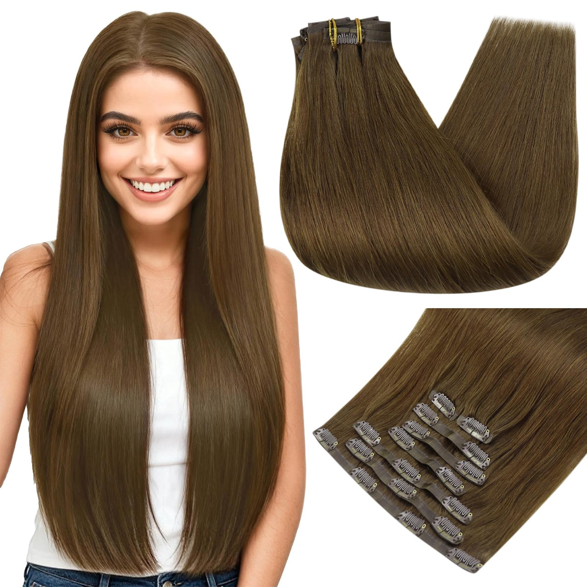 Full Shine Clip-In Hair Extensions Medium Brown front view