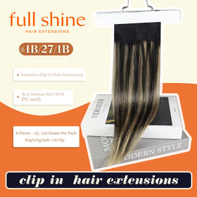 Full Shine clip in hair extensions packaging with black ombre
