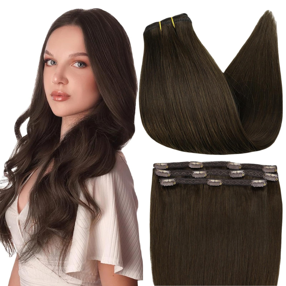 Full Shine Clip in Hair Extensions real human hair brown front view