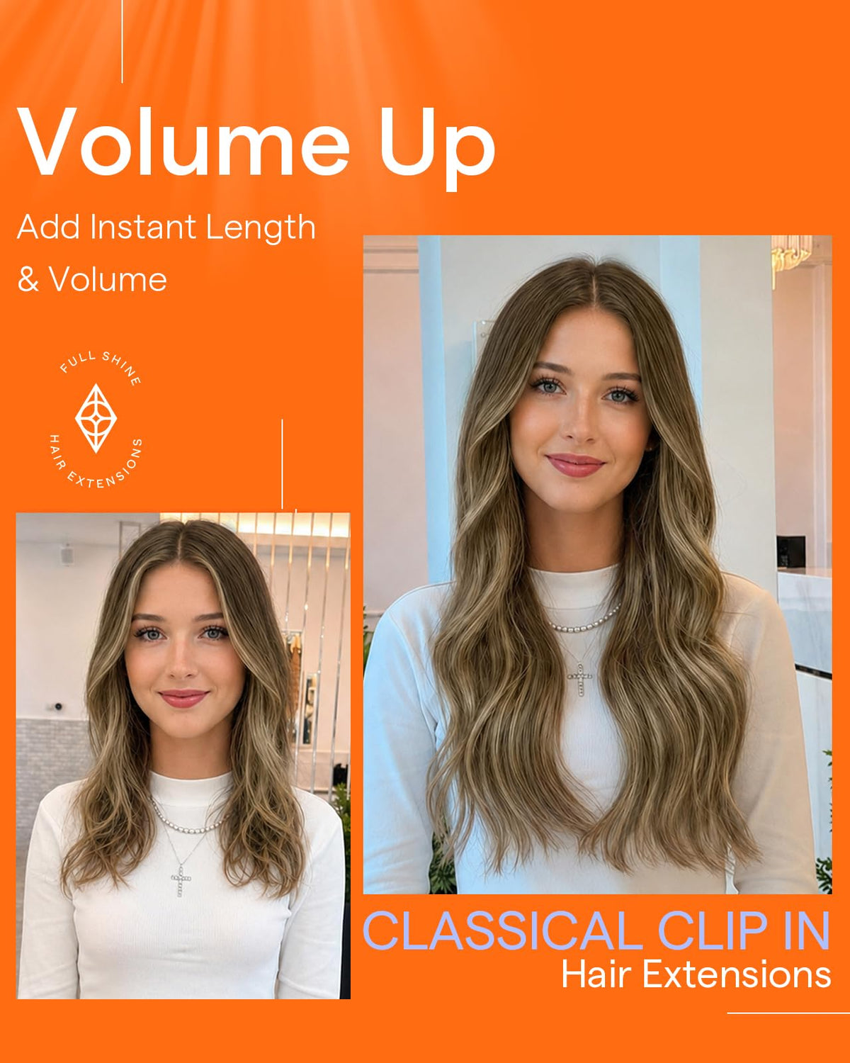 Full Shine Clip in Hair Extensions showing caramel balayage highlights