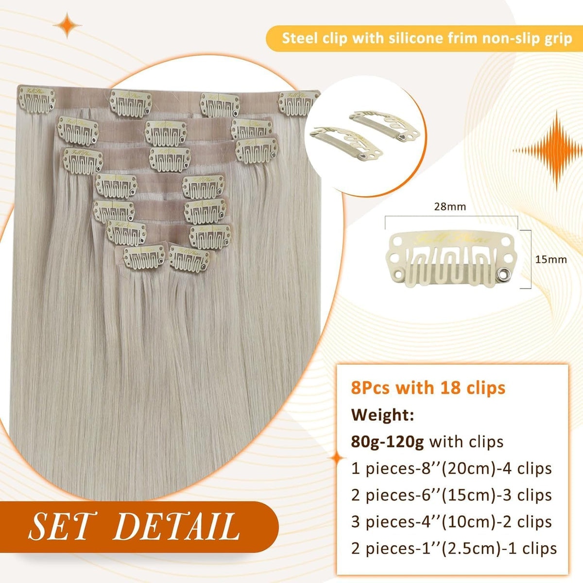 Full Shine Clip in Hair Extensions showing secure silicone clips