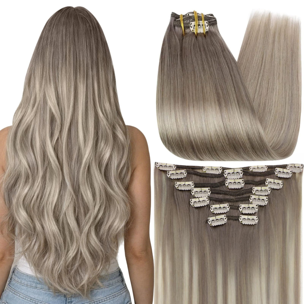 Full Shine Clip in Human Hair Extensions 7 piece set packaging