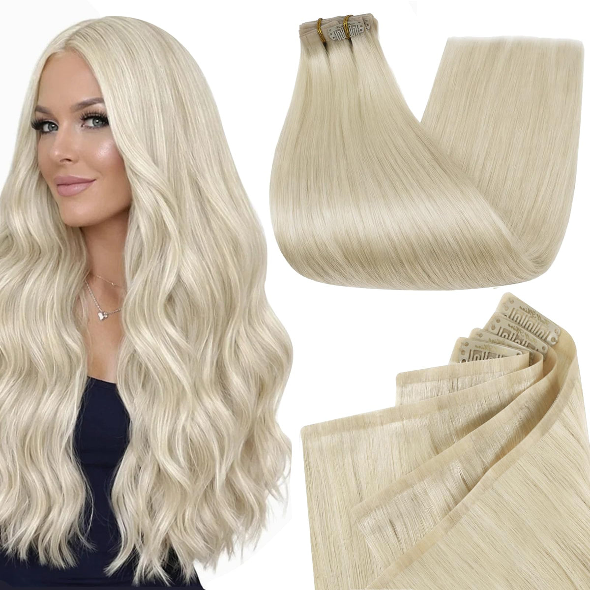 Full Shine Clip-in Human Hair Extensions in Platinum Blonde front view