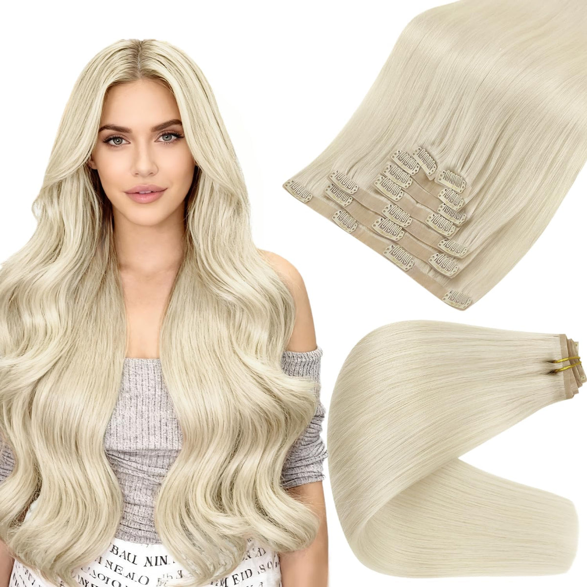 Full Shine Clip-in Human Hair Extensions Light Blonde front view