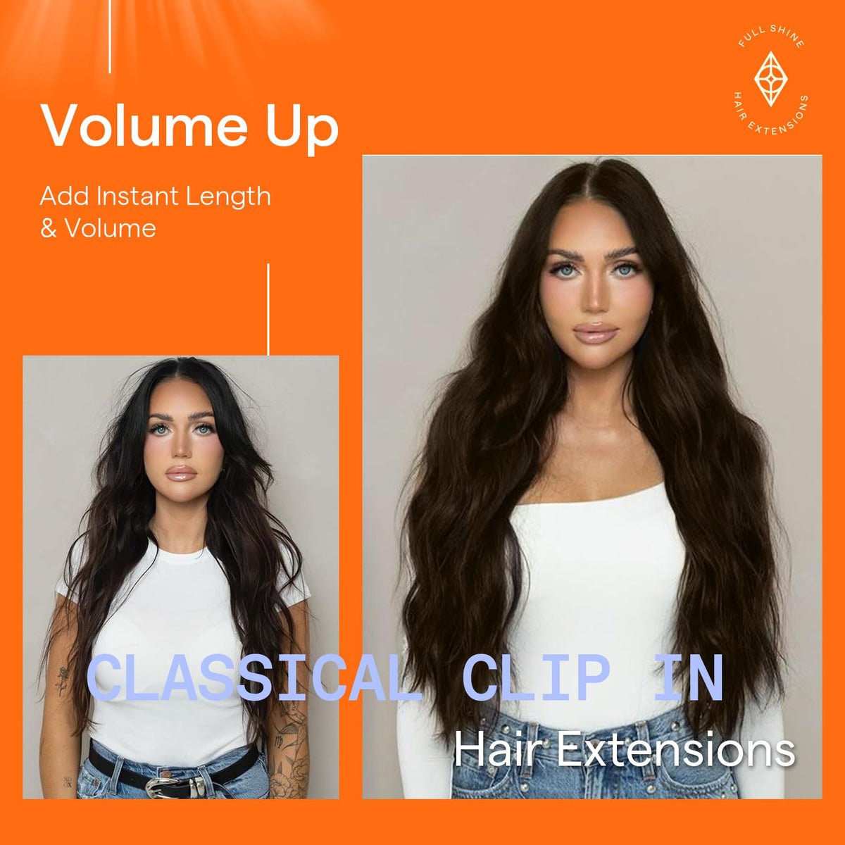 Full Shine Clip-in Human Hair Extensions styled with curls