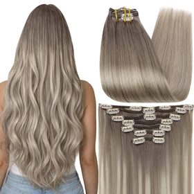 Full Shine Clip on Hair Extensions 16 Inch Balayage front view