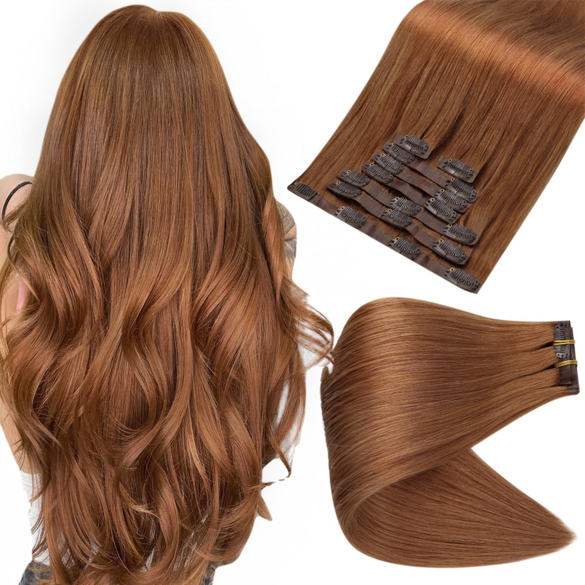 Full Shine Copper Brown Clip-in Extensions front view