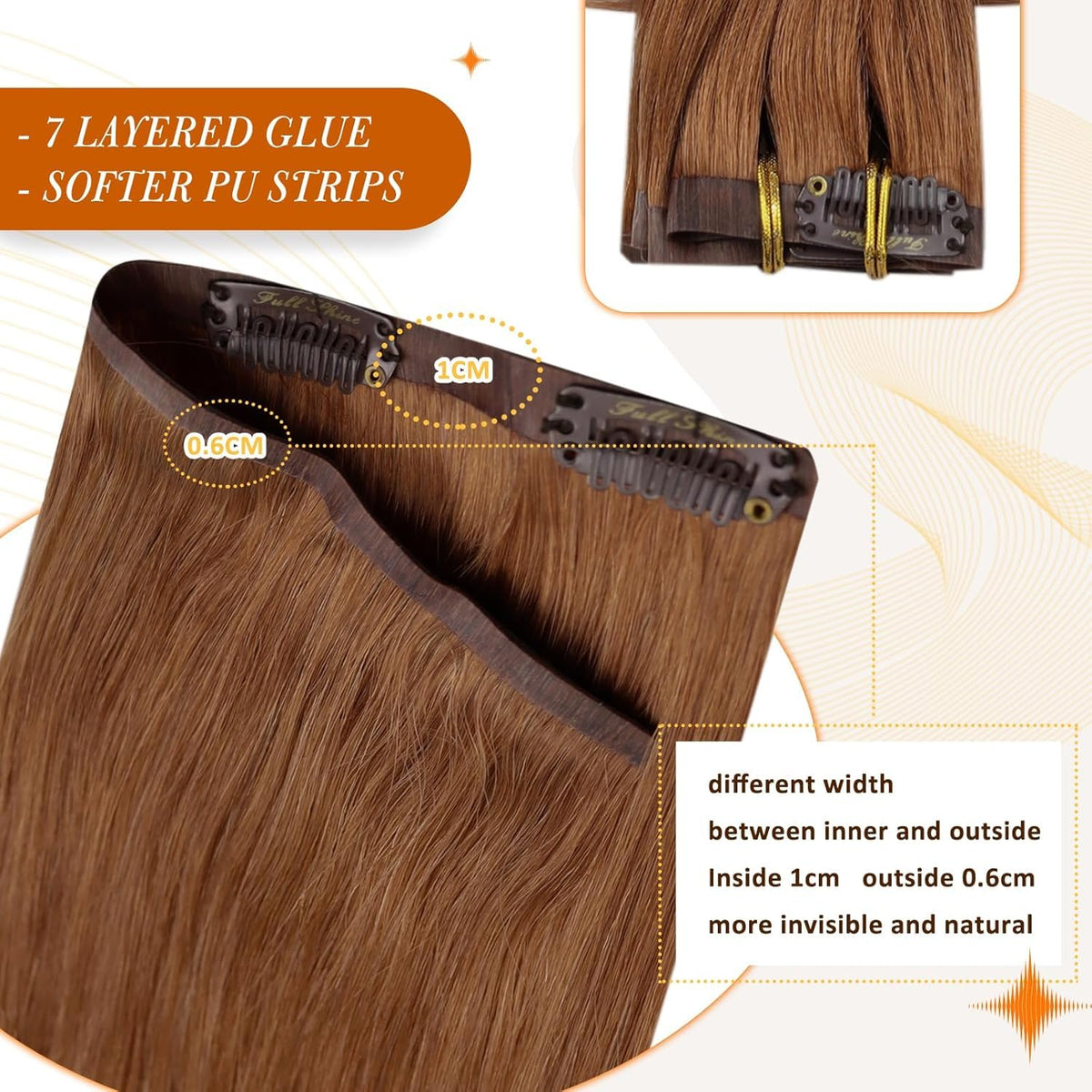 Full Shine Copper Brown Clip-in Extensions on a model