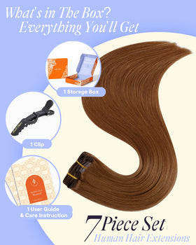 Full Shine Copper Brown Hair Extensions styled with curls