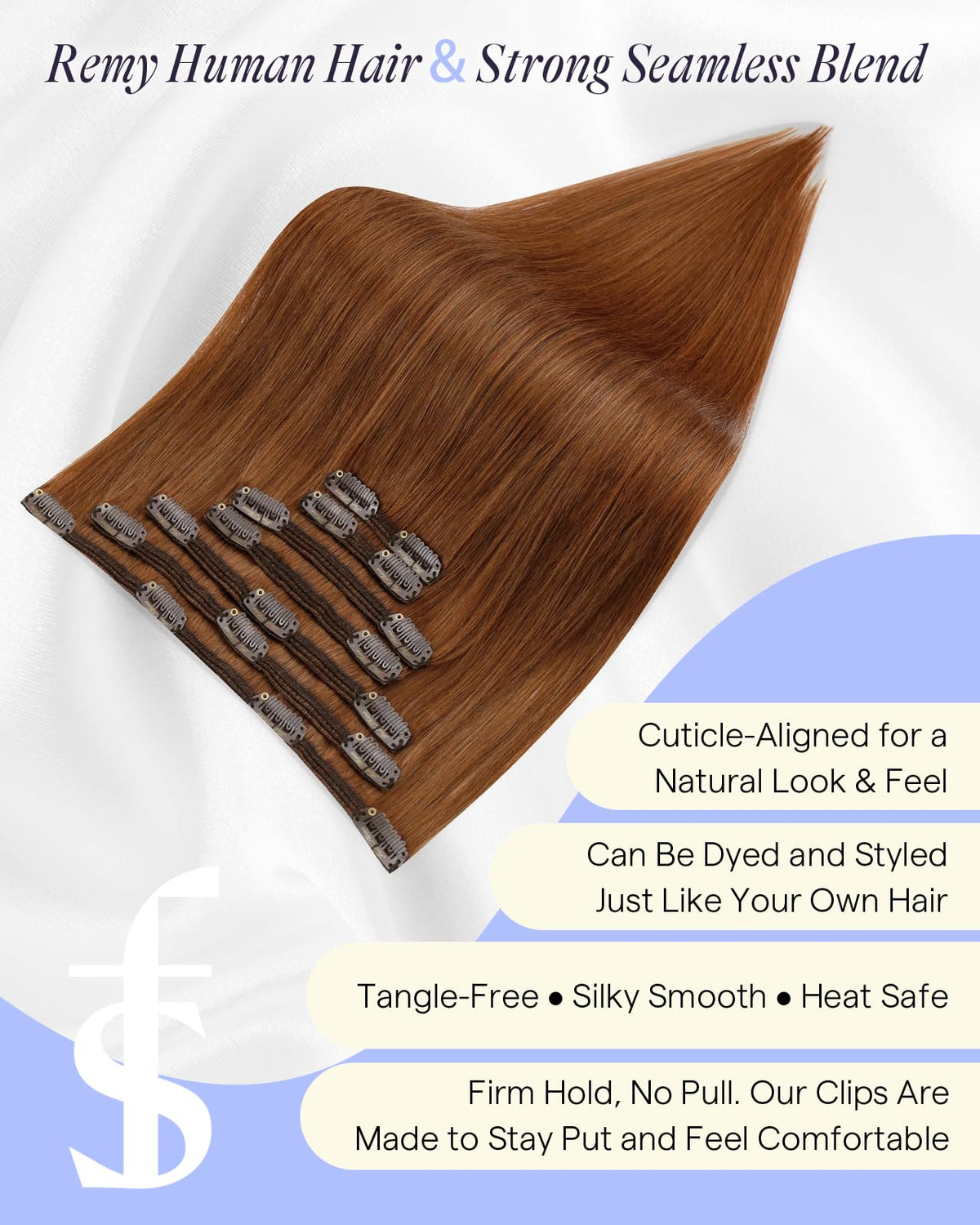 Full Shine Copper Orange Hair Clip in Extensions displayed on a model