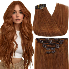 Full Shine Copper Red Clip In Hair Extensions front view