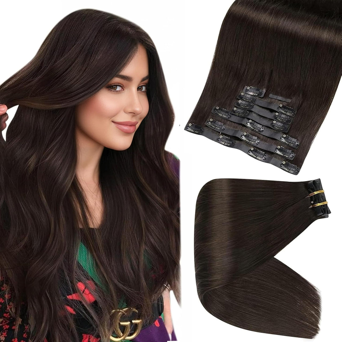 Full Shine Dark Brown Clip in Hair Extensions 12 Inch front view
