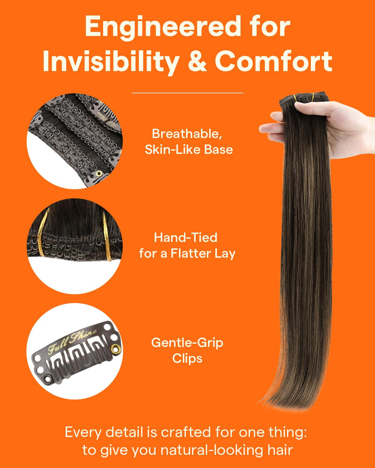 Full Shine Dark Brown Clip in Hair Extensions 18 Inch displayed with colour options