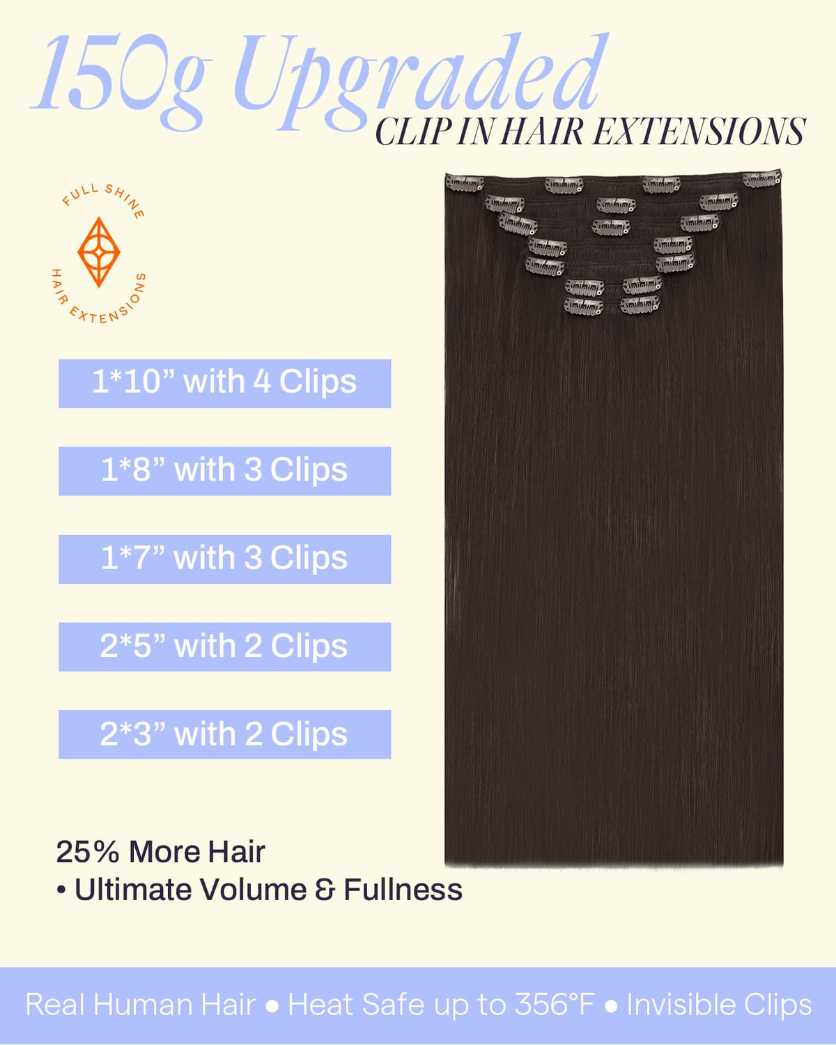 Full Shine Dark Brown Clip-in Hair Extensions 7-piece set layout