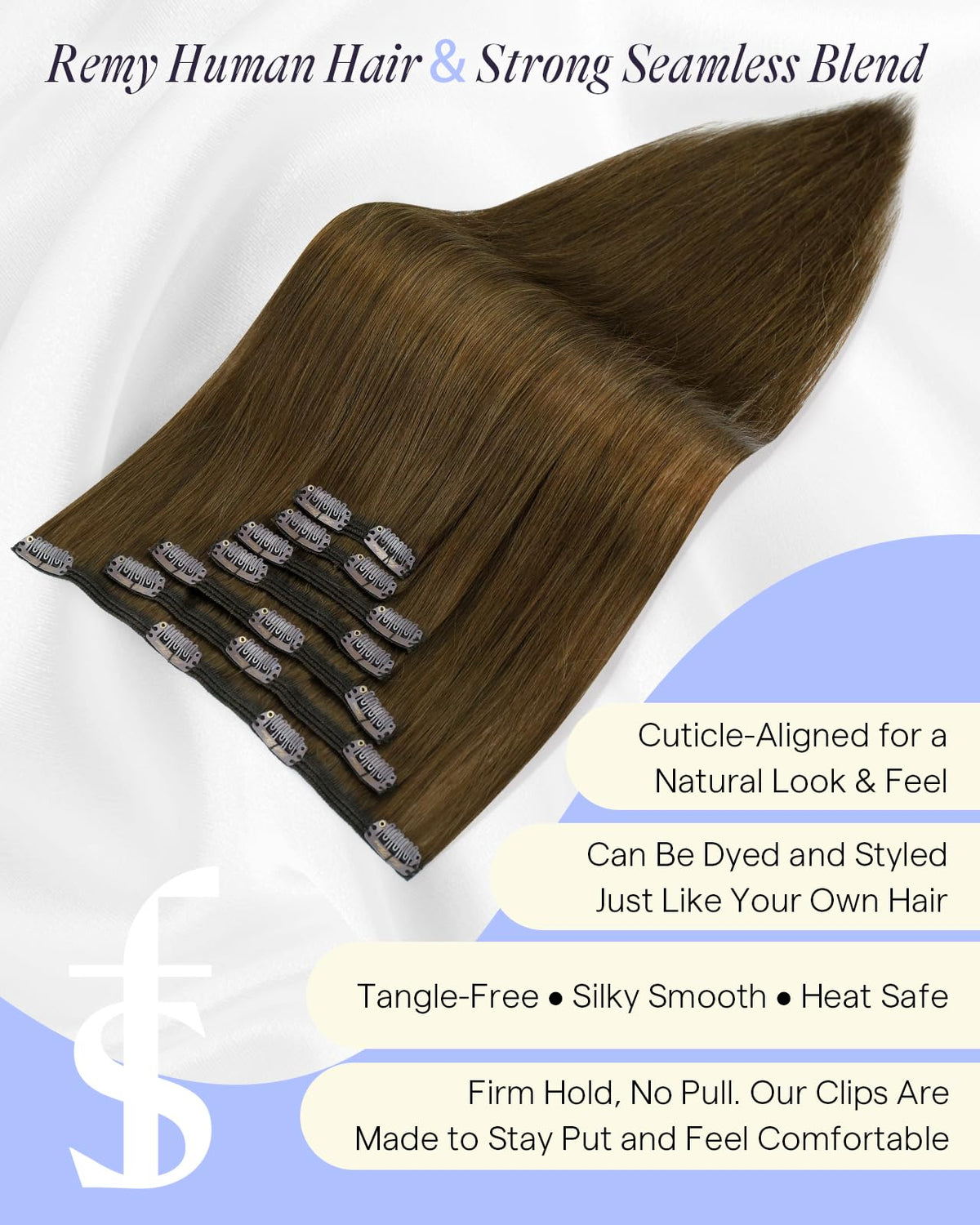 Full Shine Dark Brown Clip-In Hair Extensions displayed on a table