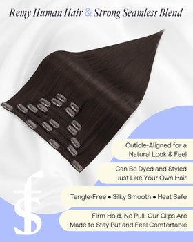 Full Shine Dark Brown Clip-In Hair Extensions displayed with packaging