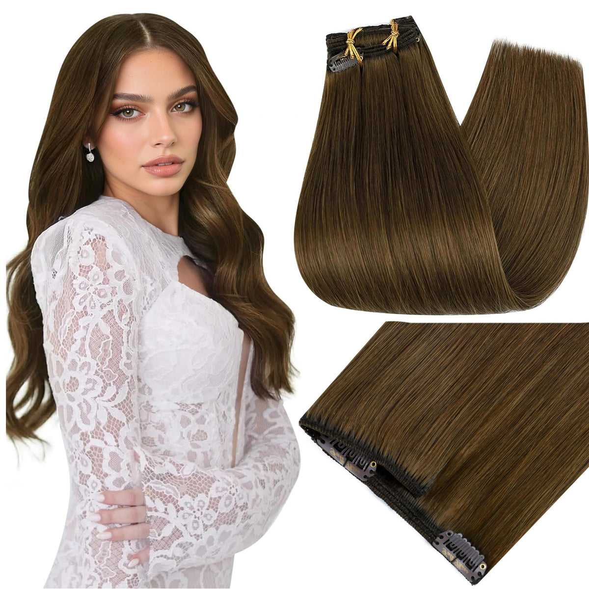 Full Shine Dark Brown Clip-In Hair Extensions front view