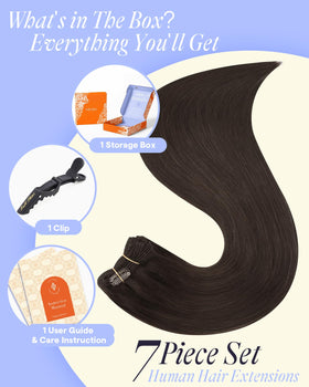 Full Shine Dark Brown Clip-in Hair Extensions on a table