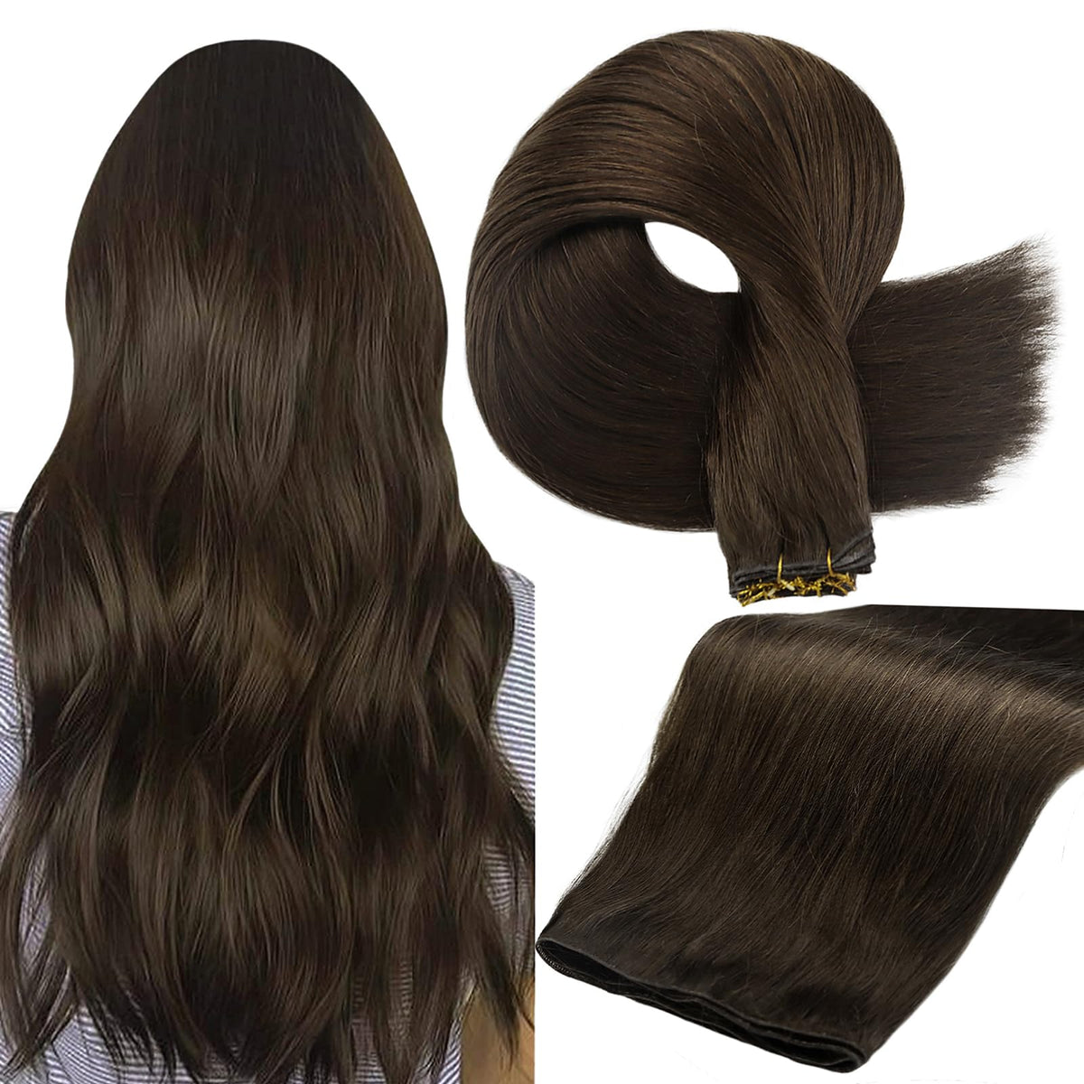 Full Shine Genius Weft Hair Extensions 16 Inch Brown front view