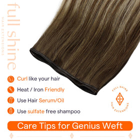 Full Shine Genius Weft Hair Extensions displayed on a table