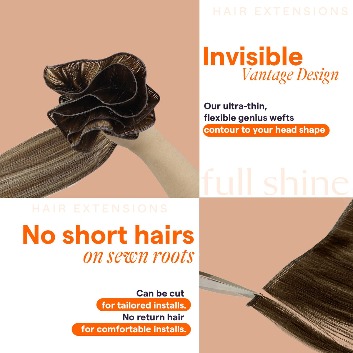 Full Shine Genius Weft Hair Extensions in various shades