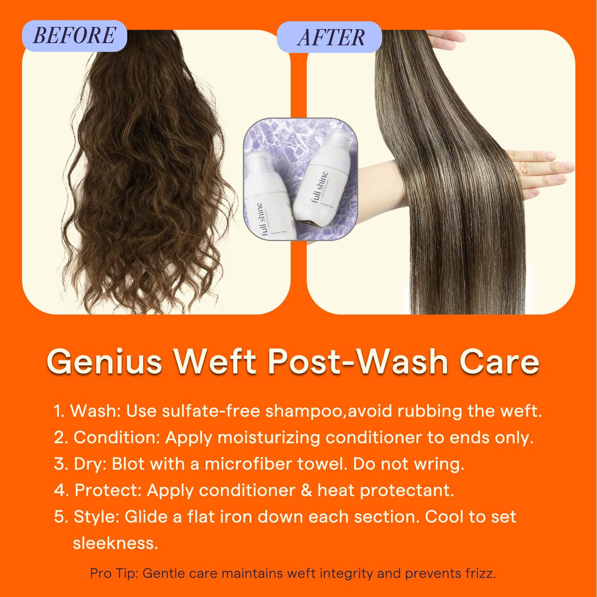 Full Shine Genius Weft hair extensions with care instructions
