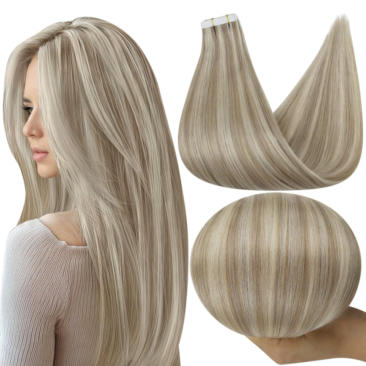 Full Shine Hair Extensions Tape In 22 Inch Dirty Blonde Mix front view