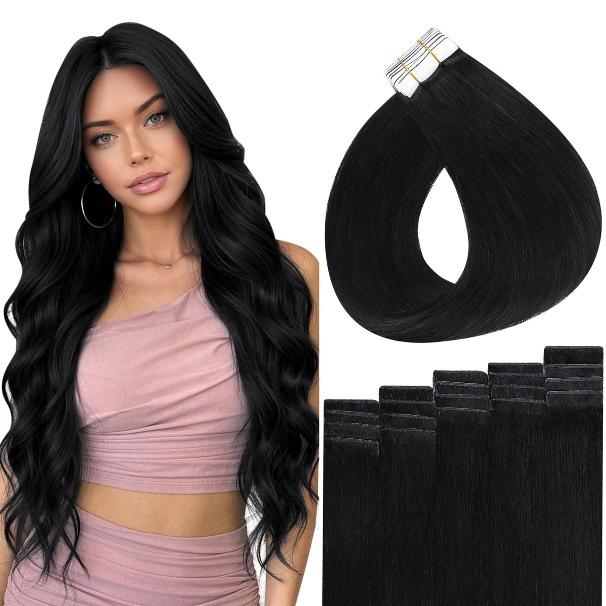 Full Shine Hand Tied Tape Weft Hair Extensions Off Black 16 Inch front view