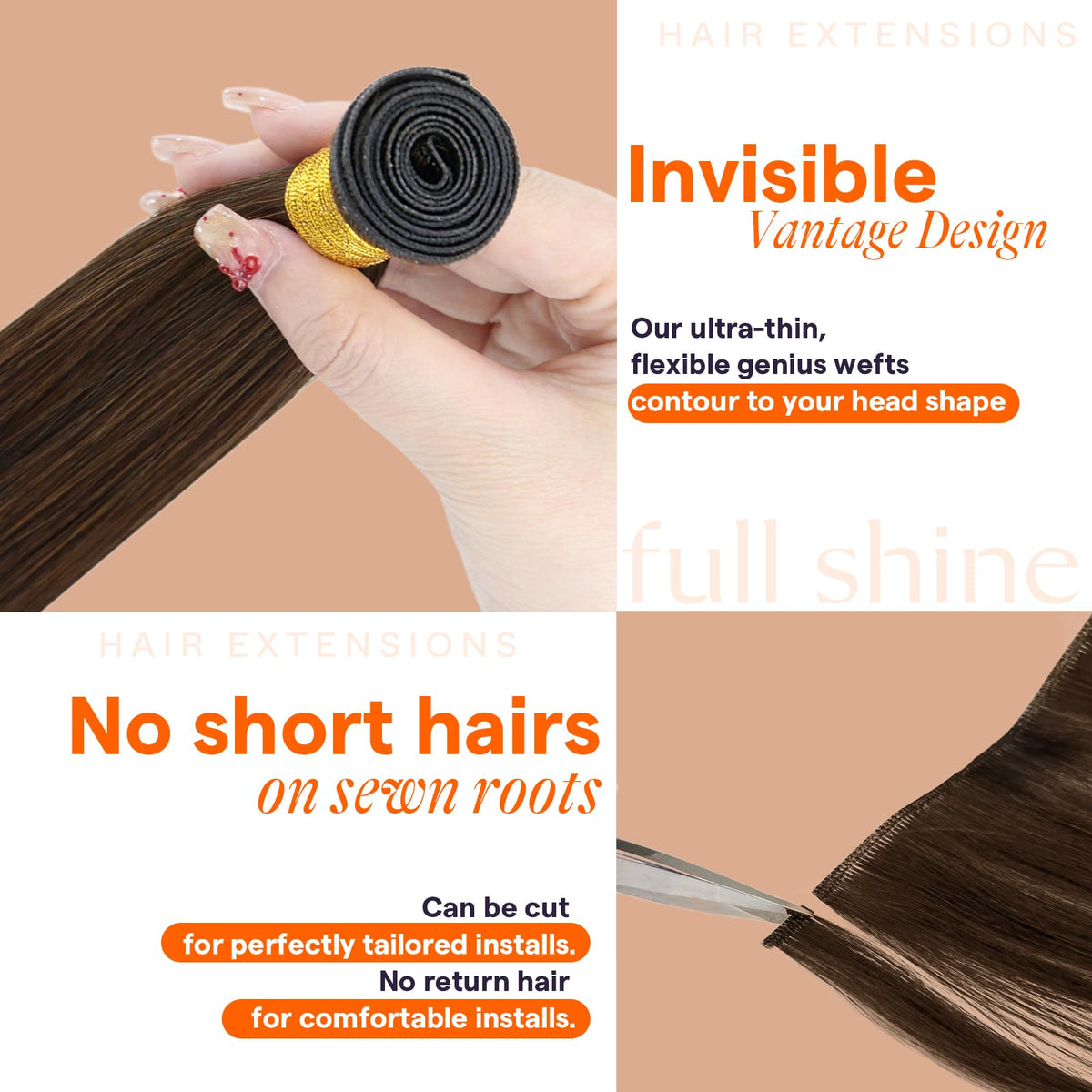 Full Shine Hand Tied Weft Hair Extensions 24 Inch displayed in various colours