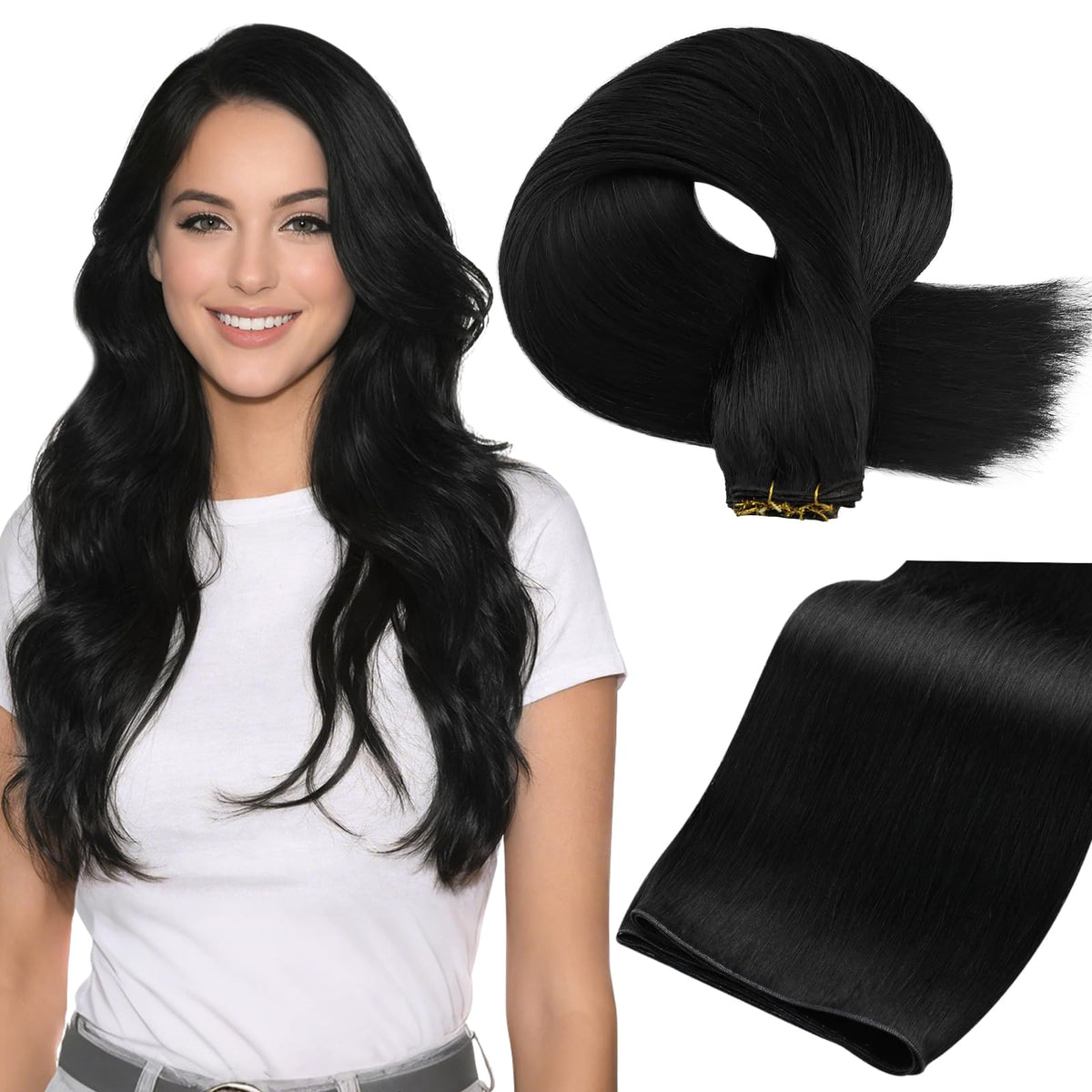 Full Shine Hand Tied Weft Hair Extensions 24 Inch Jet Black front view