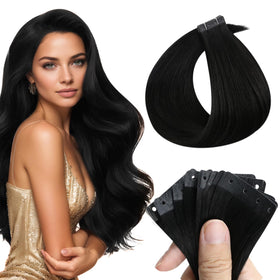 Full Shine Holed Hair Extensions in Jet Black, 18 Inch front view