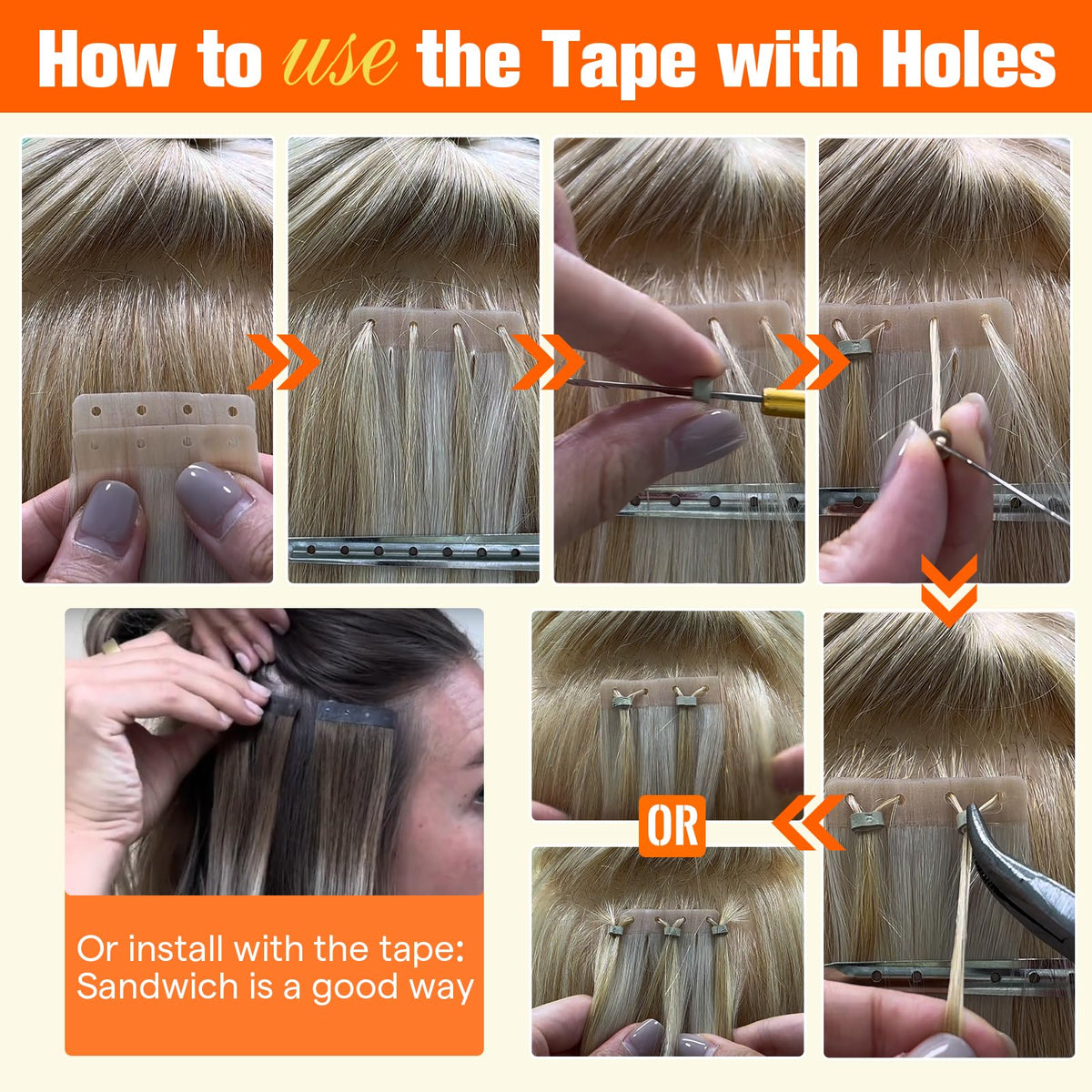 Full Shine Holed Human Hair Extensions Tape In installation process