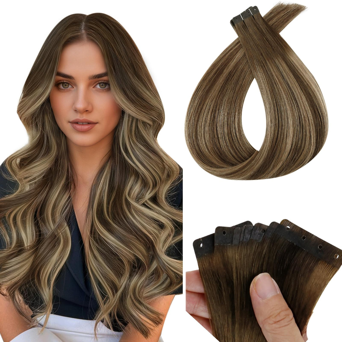 Full Shine Holed Tape in Extensions 22 Inch Medium Brown Honey Blonde front view