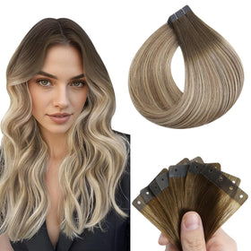 Full Shine Holed Tape in Hair Extensions Ash Brown Beige Blonde front view