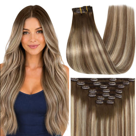 Full Shine Human Hair Clip in Extensions Brown Balayage front view