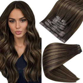 Full Shine Human Hair Clip-in Extensions Brown Blonde Balayage front view