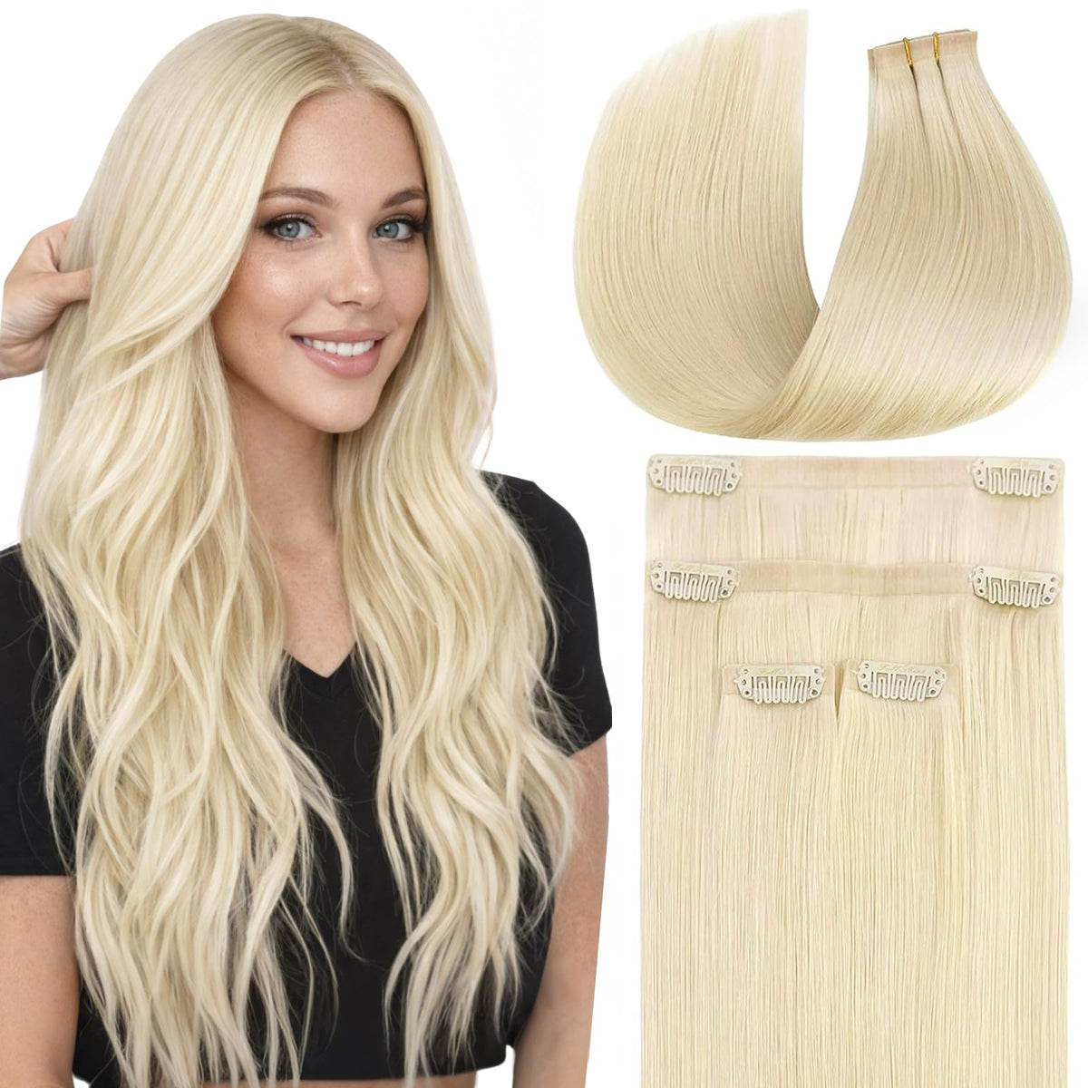 Full Shine Human Hair Clip in Extensions Light Blonde front view